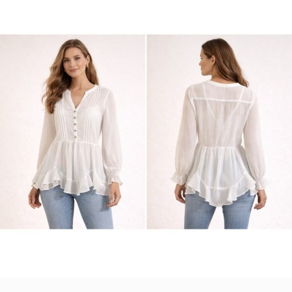 Soft Surroundings White Peplum Ruffle Hem Sheer Tunic/Cami Top Set Petite M NWOT